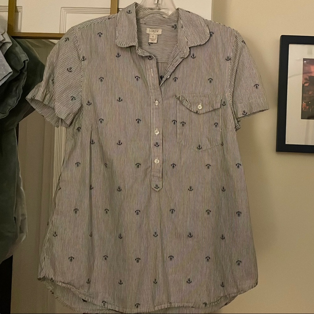 Blue & White Stripe Button-Up Short Sleeve Blouse J. Crew with Anchors